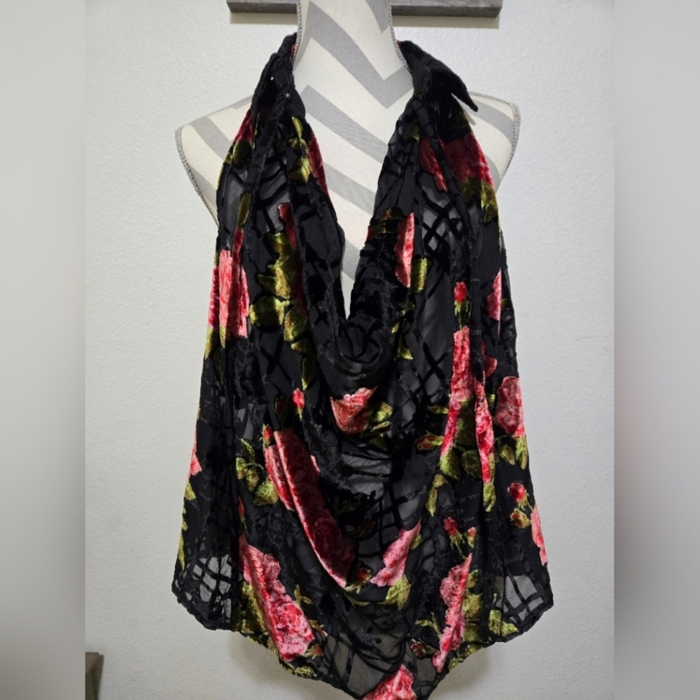 NWT Free People Meet Your Match Black Velvet Floral Cowl Neck Top Large